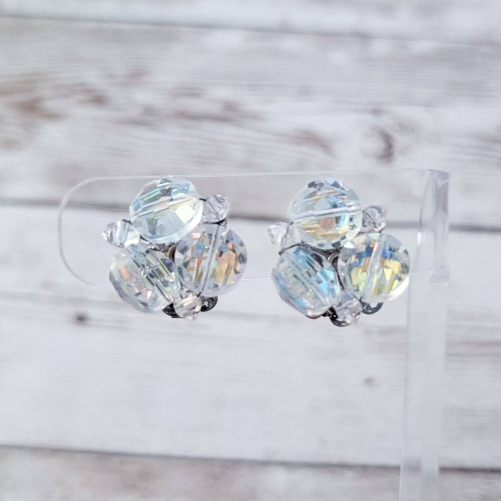 Vintage Clip On Earrings Clear Beads with Iridescent Finish 0.75"